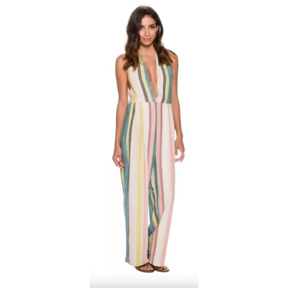 Free People Pants - Free People My Kind Of Women Garden Multicolor Striped Jumpsuit Sz 2 Tie V Neck